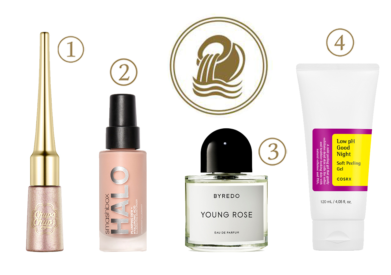 1. Жидкие блестки для век Rose Gold, Bling Bling Eyes, Chupa Chups, 750 руб. 2. Праймер для лица с гиалуроновой кислотой Halo Plumping Dew, Smashbox, 3100 руб. 3. Аромат Young Rose, Byredo, 24 750 руб. 4. Мягкий пилинг-гель Low pH Good Night peeling gel, Cosrx, 1890 руб.