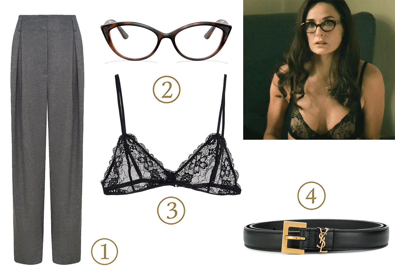 1. Брюки Studio29, 5900 руб. 2. Оправа Vogue Eyewear, 8795 руб. 3. Бралет Zara, 2299 руб. 4. Ремень Saint Laurent, 23 205 руб. | Деми Мур в фильме «Любовь вслепую»