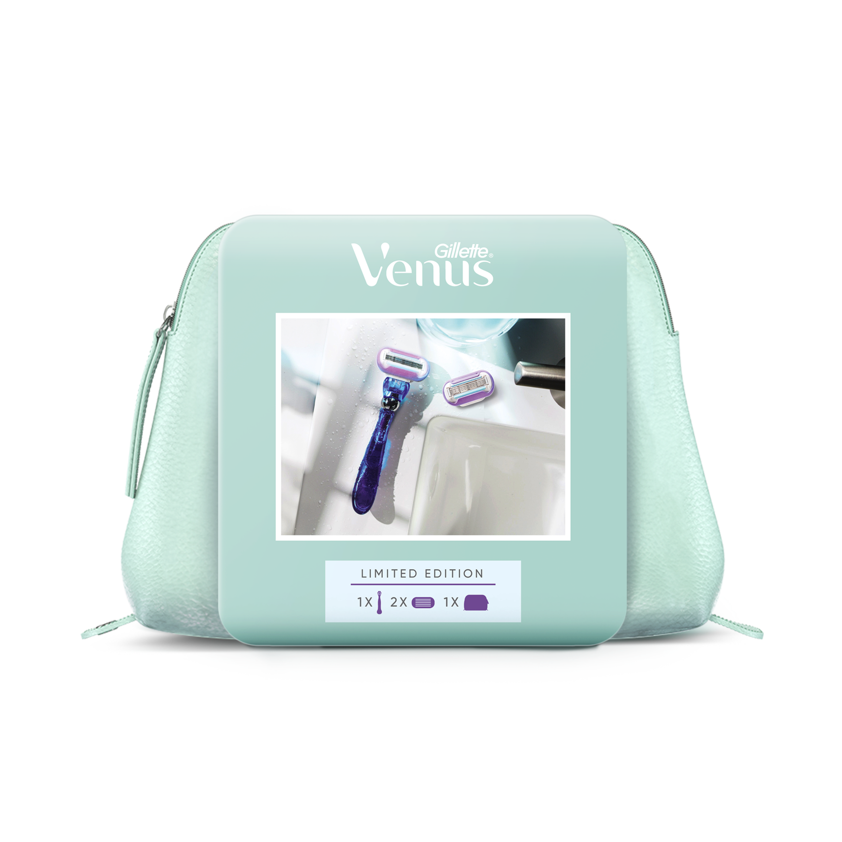 Подарочный набор с бритвой Venus Extra Smooth Swirl, двумя сменными кассетами и косметичкой, Gilette, 1 566 руб.