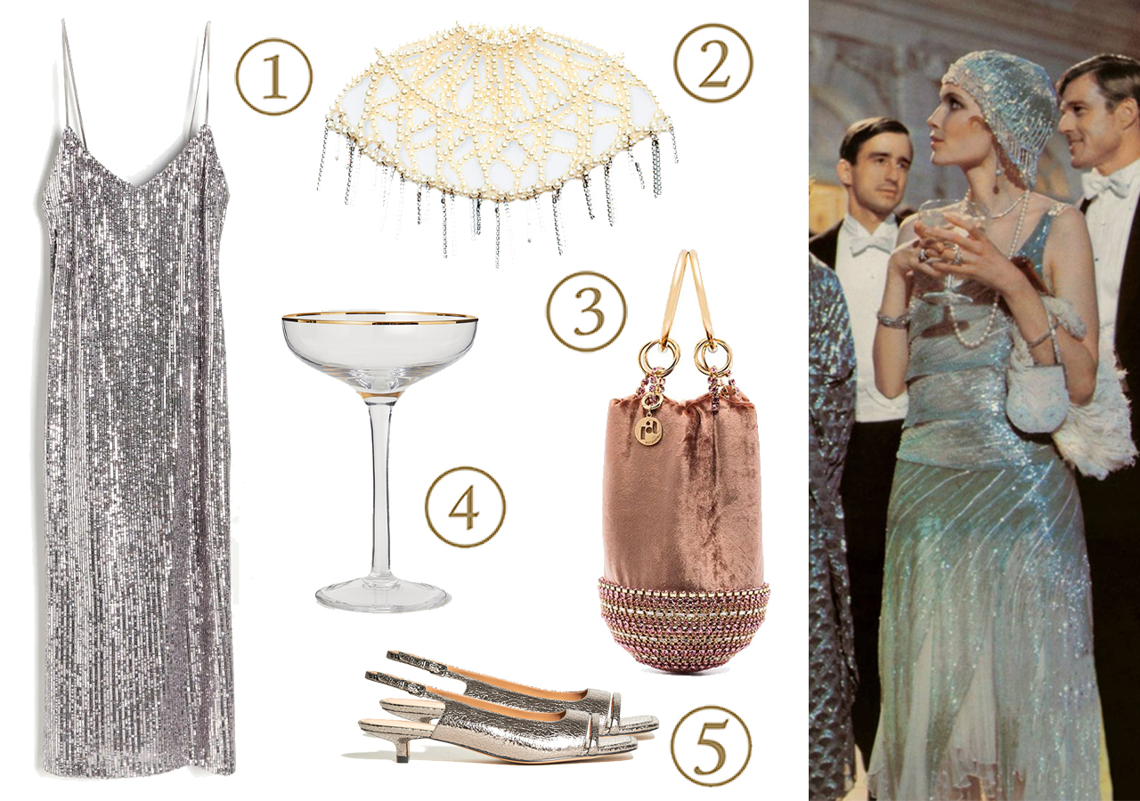 1. Платье с блестками Reserved, 3499 руб. 2. Головной убор со стразами Zara, 3299 руб. 3. Сумка Rosantica, цена по запросу. 4. Бокал для шампанского H&M Home, 699 руб. 5. Туфли 12Storeez, 9980 руб.