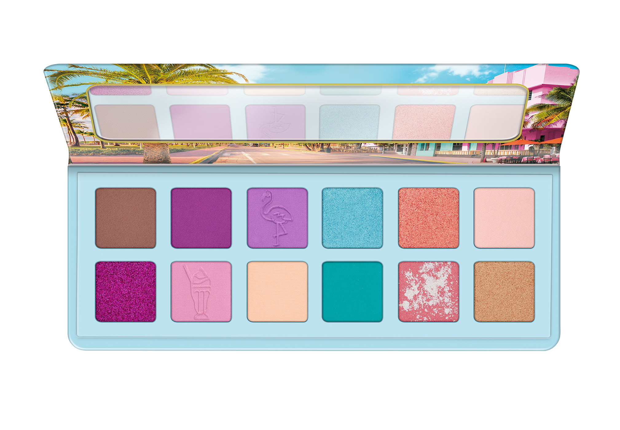 Палетка теней для век welcome to MIAMI eyeshadow palette, essence, 795 руб. 12 высокопигментированных оттенков, вдохновленные крутыми вечеринками на пляжах Майами. Базовые оттенки бежевого сочетаются с ярко-бирюзовым, сиреневым, фиолетовым, малиновым и коралловым.